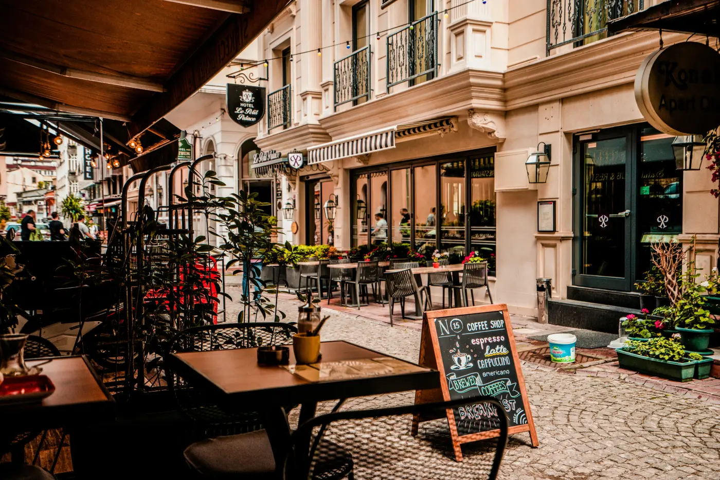 Café terrace on a cobbled street